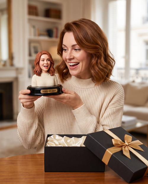 Client holding a hand-painted full-figure sculpture made from her photo