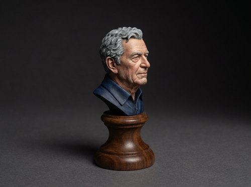 Hand-painted portrait bust of a man on a turned hardwood base